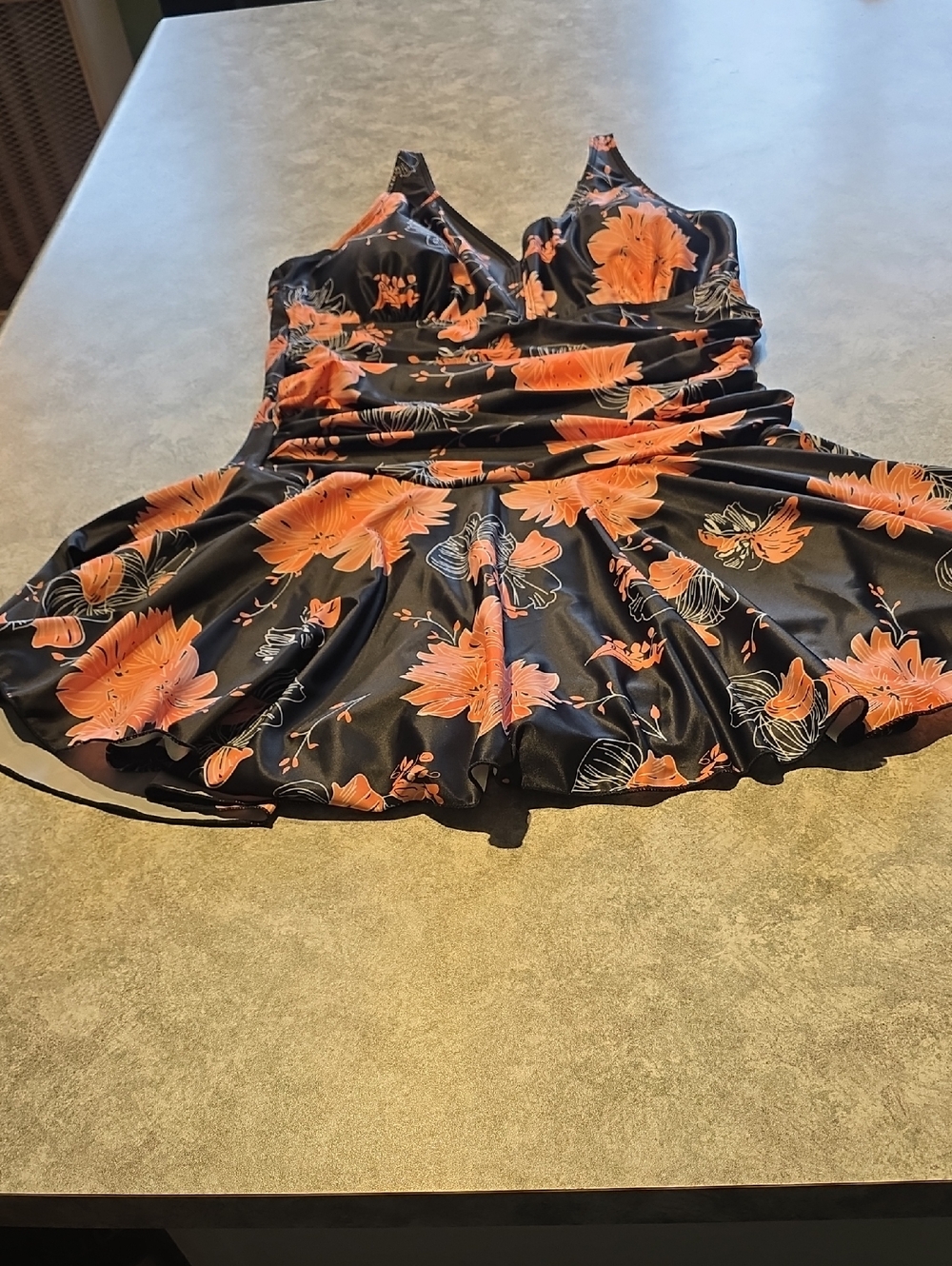 Womens' Black Floral Swim Dress with Orange Flowers